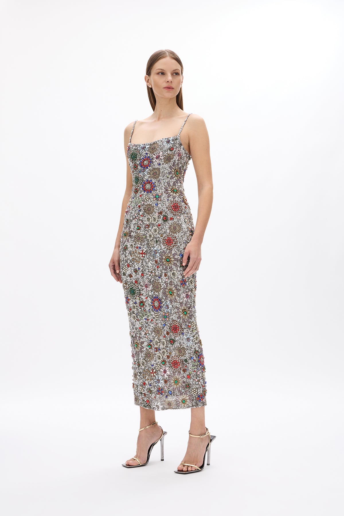 rachel gilbert silver dress Rachel Gilbert Silver Crystal Evening Gown