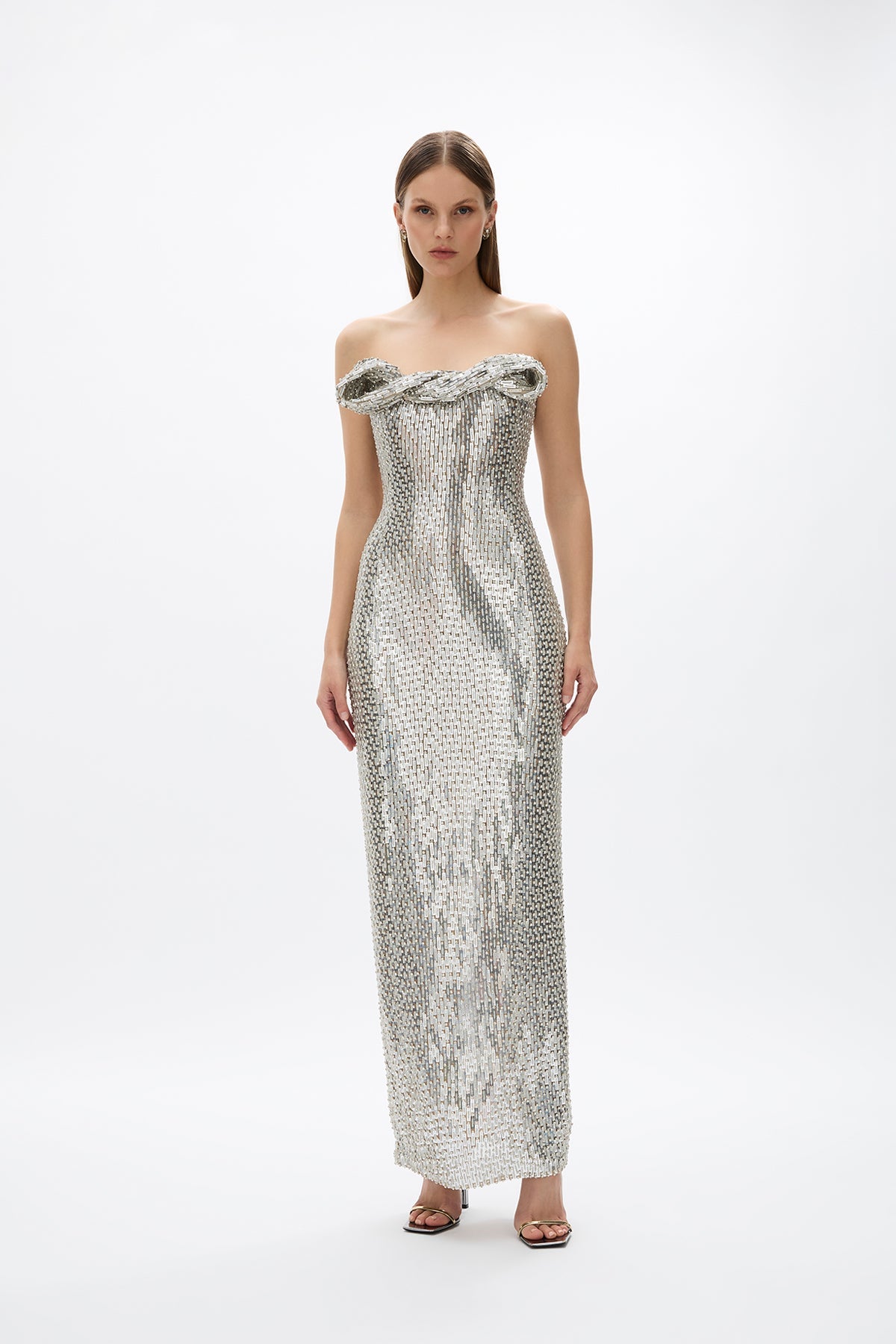 rachel gilbert silver sequin dress Rachel Gilbert Silver Crystal Evening Gown
