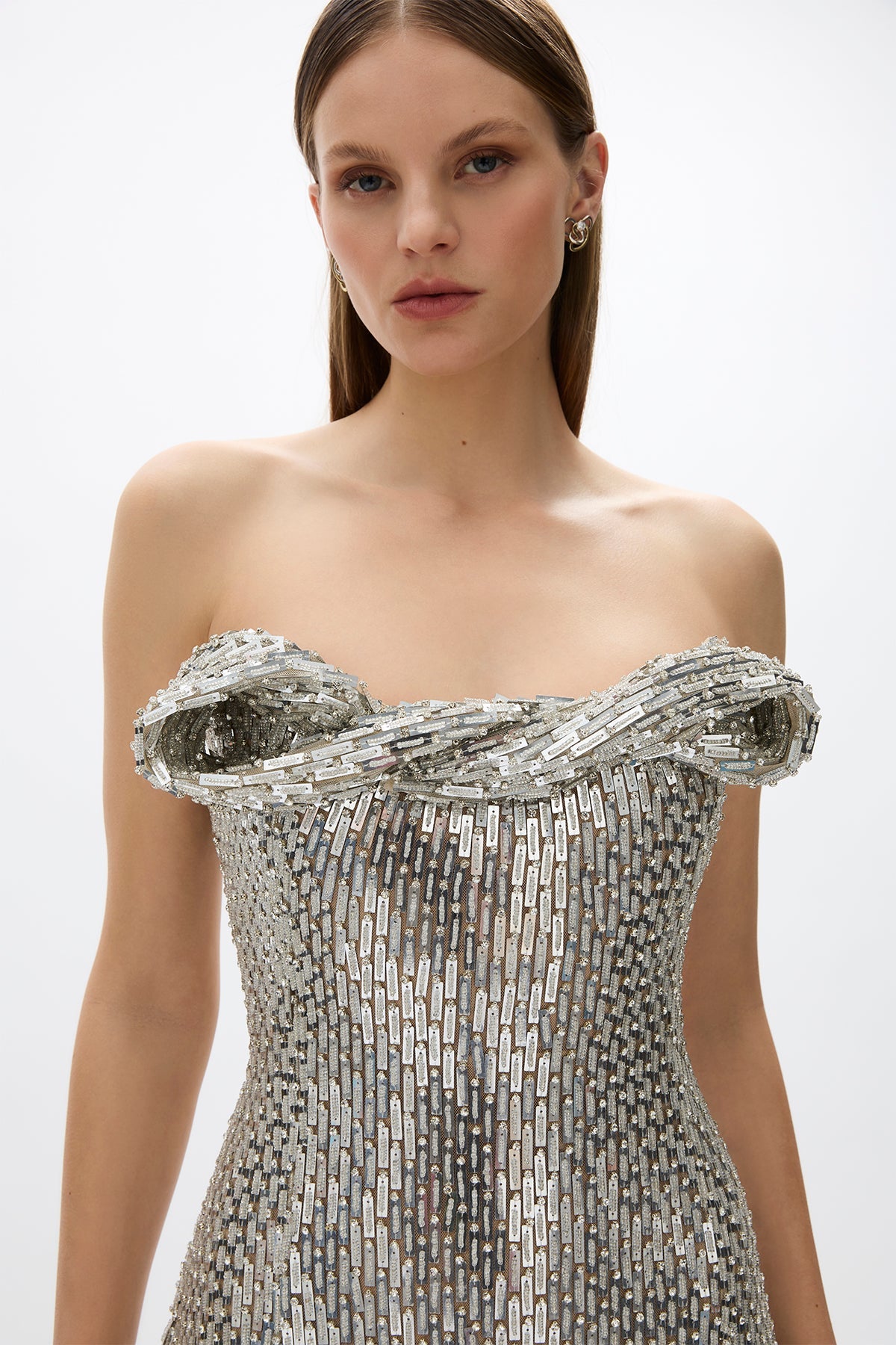rachel gilbert silver sequin dress Ariel embellished bustier gown in silver - Rachel Gilbert
