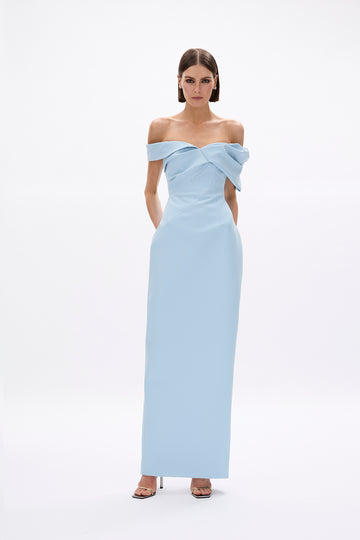 rachel gilbert off shoulder dress Rachel Gilbert Monique Sky Blue Tucked Off Shoulder Gown
