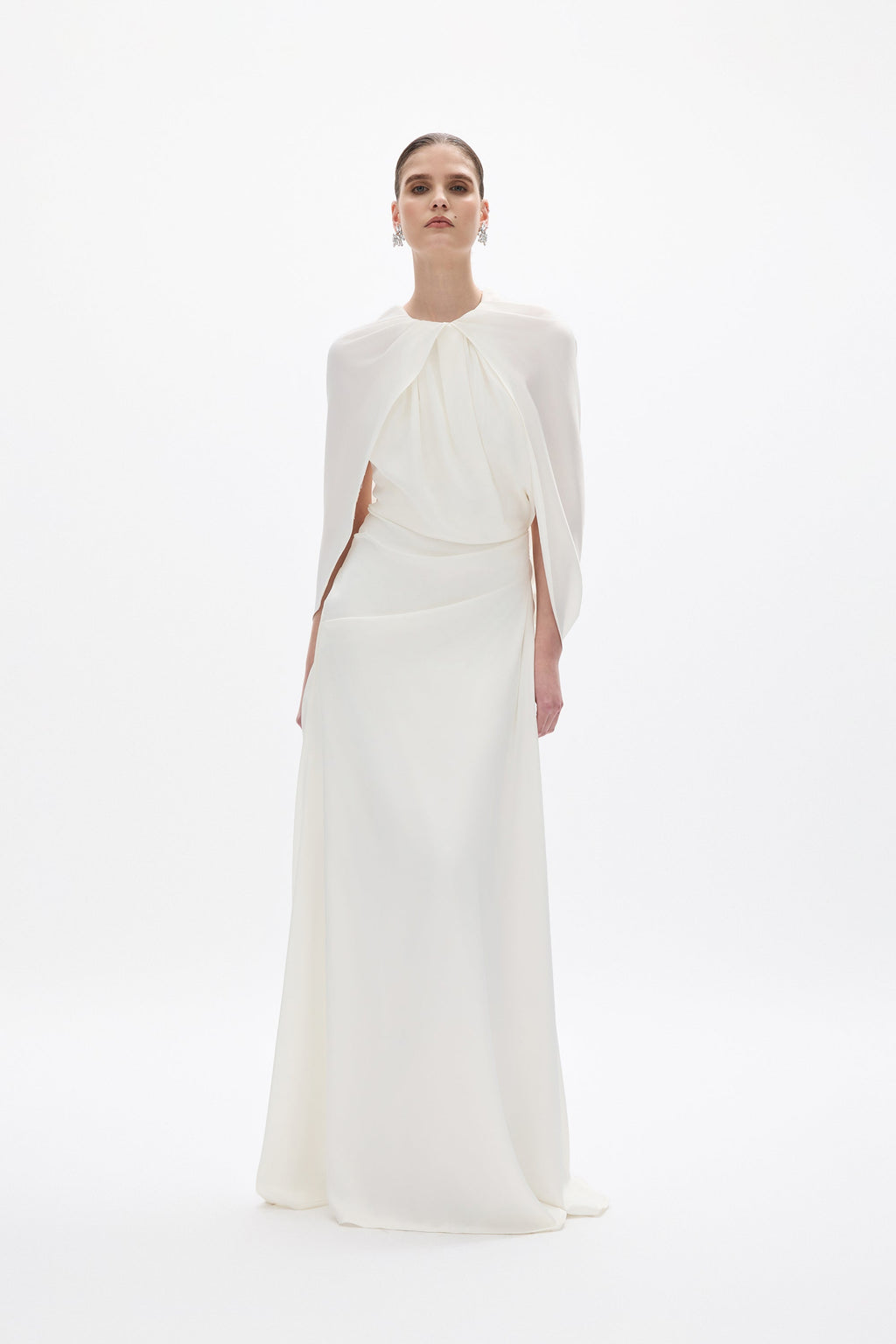 rachel gilbert white dress Women's Hallie Draped Cape Gown - Garment District Prom Dresses 0-6M Top Size:2 back design and an