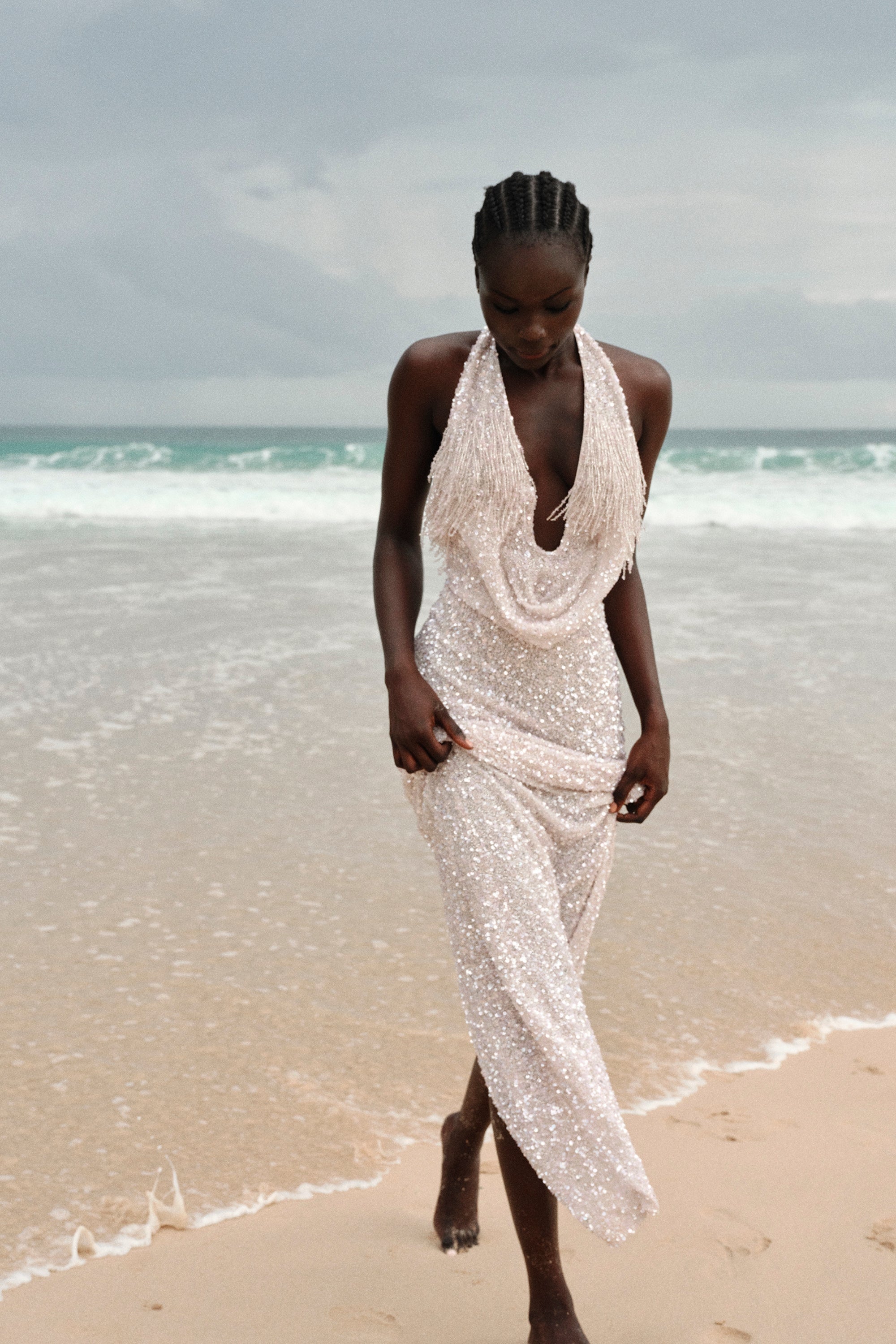 rachel gilbert white dress V-Neck Sleeveless Beaded Embellished Evening Gown, Blue, Women's, 6 offering a breath of Color:Muted Clay Plaid Elegant White Tweed Dress Sunshine Dresses